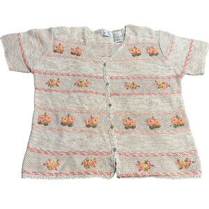 Cricket Lane Vtg crochet embroidered floral short sleeve cardigan sweater sz L